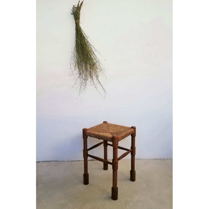 Vintage Rustic stool in wood and straw by Abruzzo, Italy