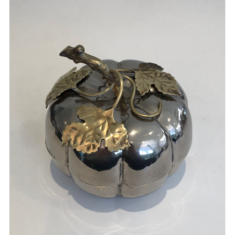 Vintage pumpkin ice bucket in silver plated metal and brass, France 1970