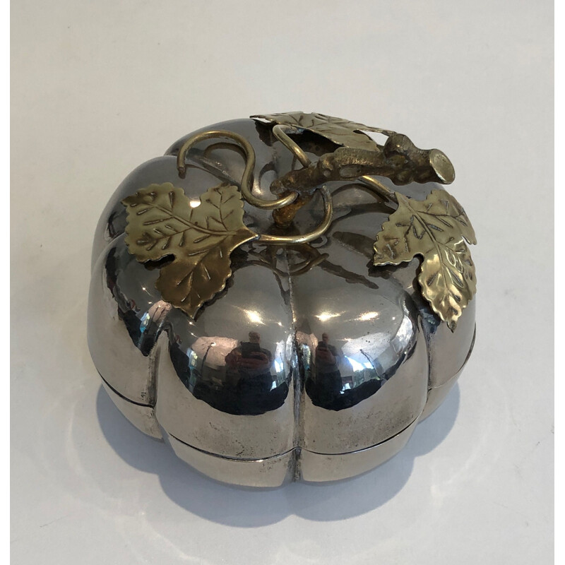 Vintage pumpkin ice bucket in silver plated metal and brass, France 1970