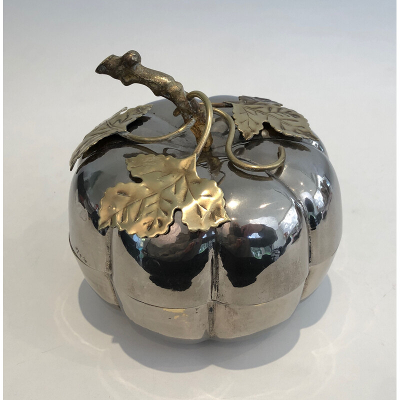 Vintage pumpkin ice bucket in silver plated metal and brass, France 1970