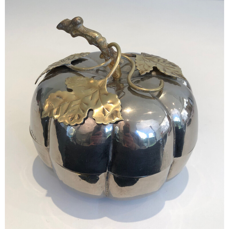 Vintage pumpkin ice bucket in silver plated metal and brass, France 1970