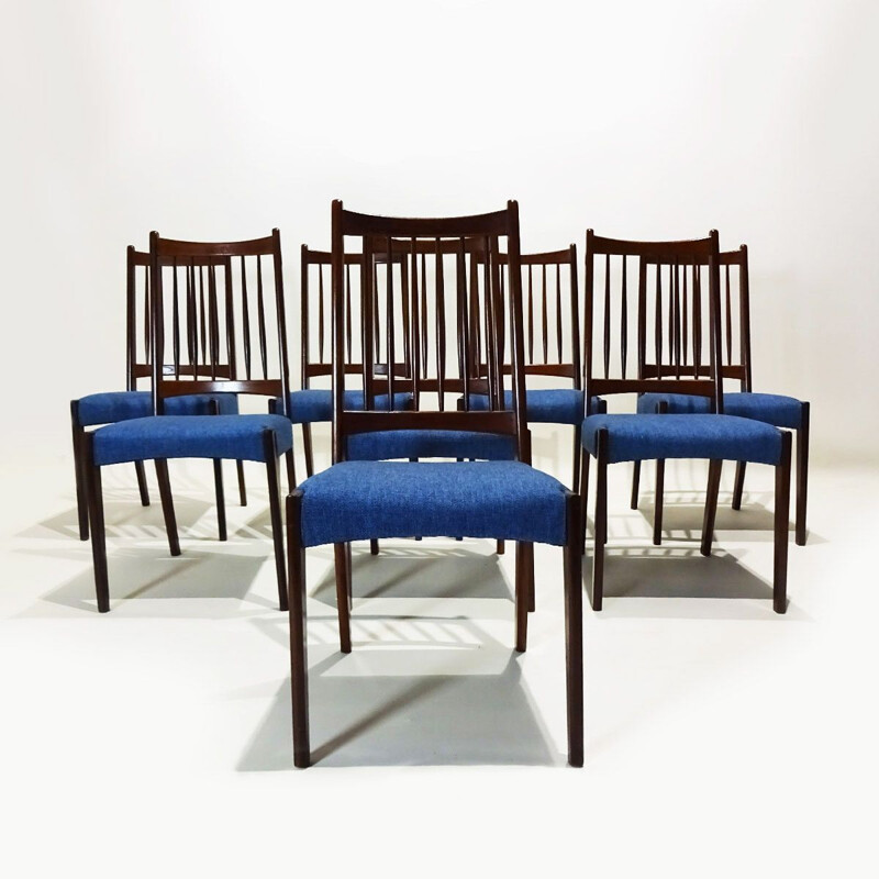 Ensemble de 8 chaises danoises vintage en teck et tissu par Arne Hovmand Olsen pour Mogens Kold