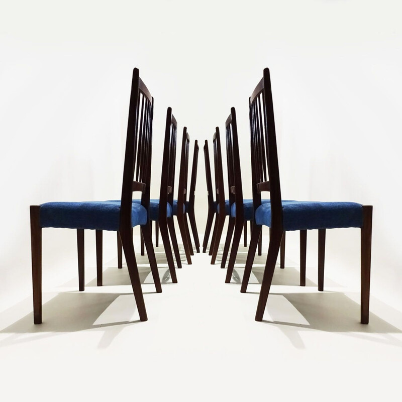 Set of 8 Danish mid century teak and fabric dining chairs by Arne Hovmand Olsen for Mogens Kold