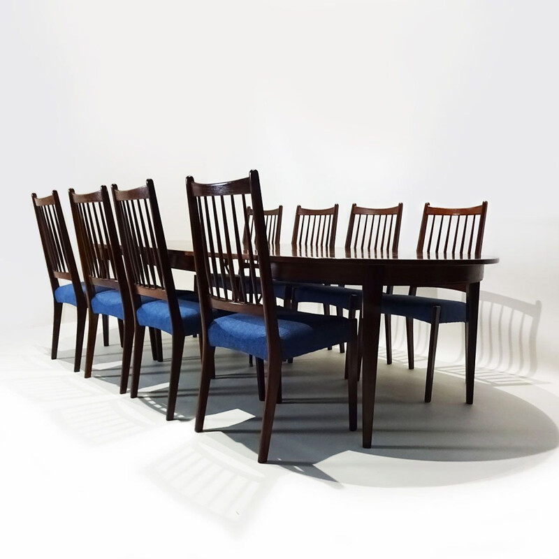 Set of 8 Danish mid century teak and fabric dining chairs by Arne Hovmand Olsen for Mogens Kold