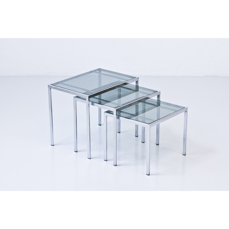 Set of 3 nesting tables in glass and metal - 1970s