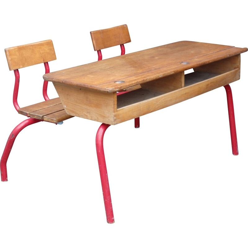 Mid century school desk with integrated chairs - 1950s