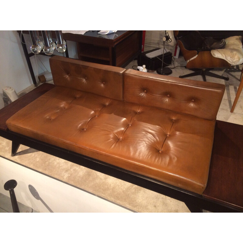 Bench in mahogany and leather, Pierre GUARICHE - 1950s