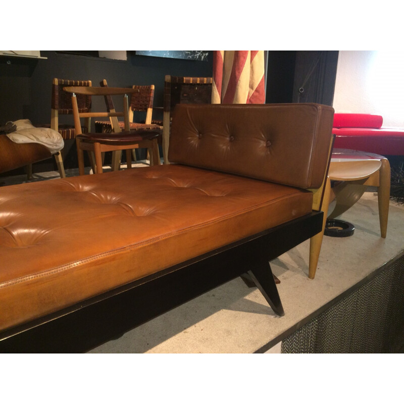 Bench in mahogany and leather, Pierre GUARICHE - 1950s