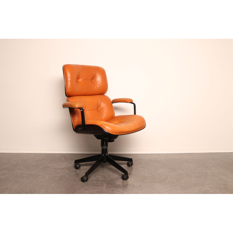 Vintage swivel office armchair in cognac leather by Ico Parisi for Mim, Italy 1970s