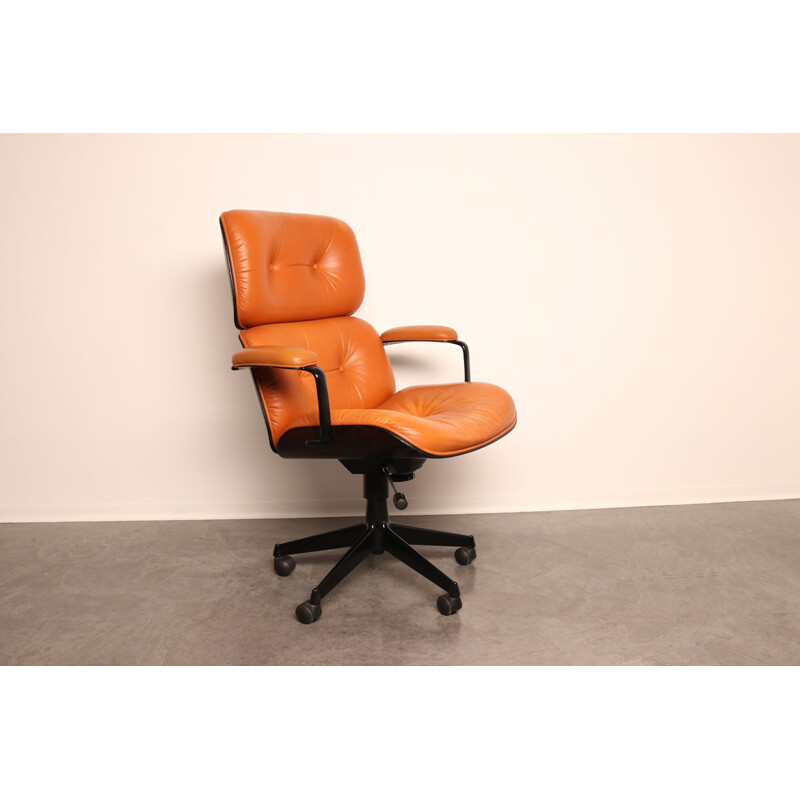 Vintage swivel office armchair in cognac leather by Ico Parisi for Mim, Italy 1970s