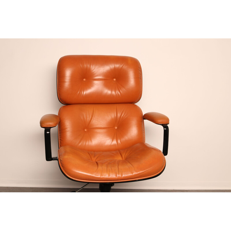 Vintage swivel office armchair in cognac leather by Ico Parisi for Mim, Italy 1970s