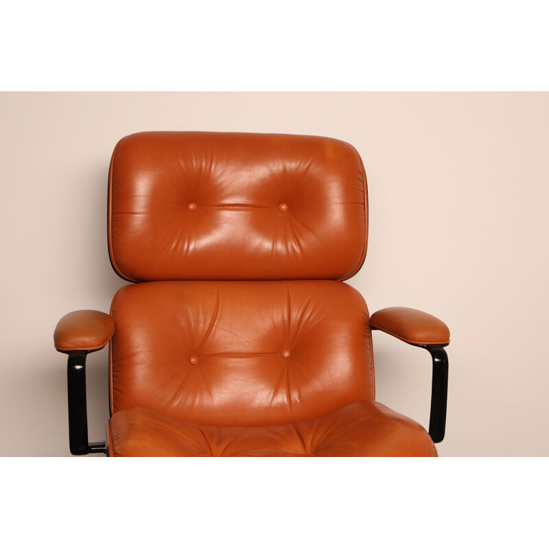 Vintage swivel office armchair in cognac leather by Ico Parisi for Mim, Italy 1970s