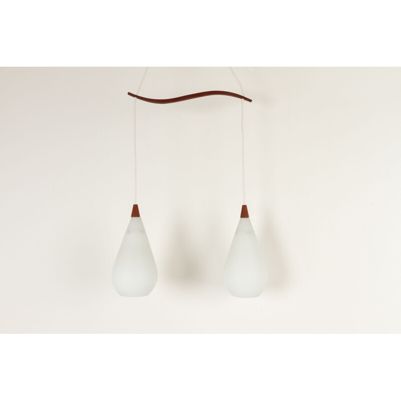 Pair of vintage teak and opal pendant lamp, Sweden 1960