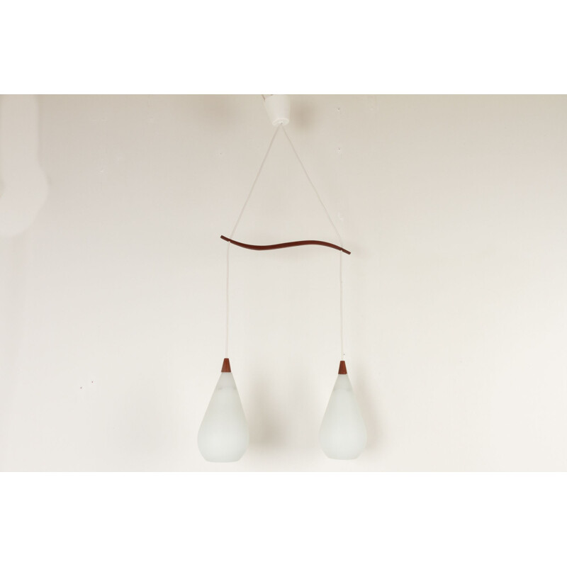 Pair of vintage teak and opal pendant lamp, Sweden 1960