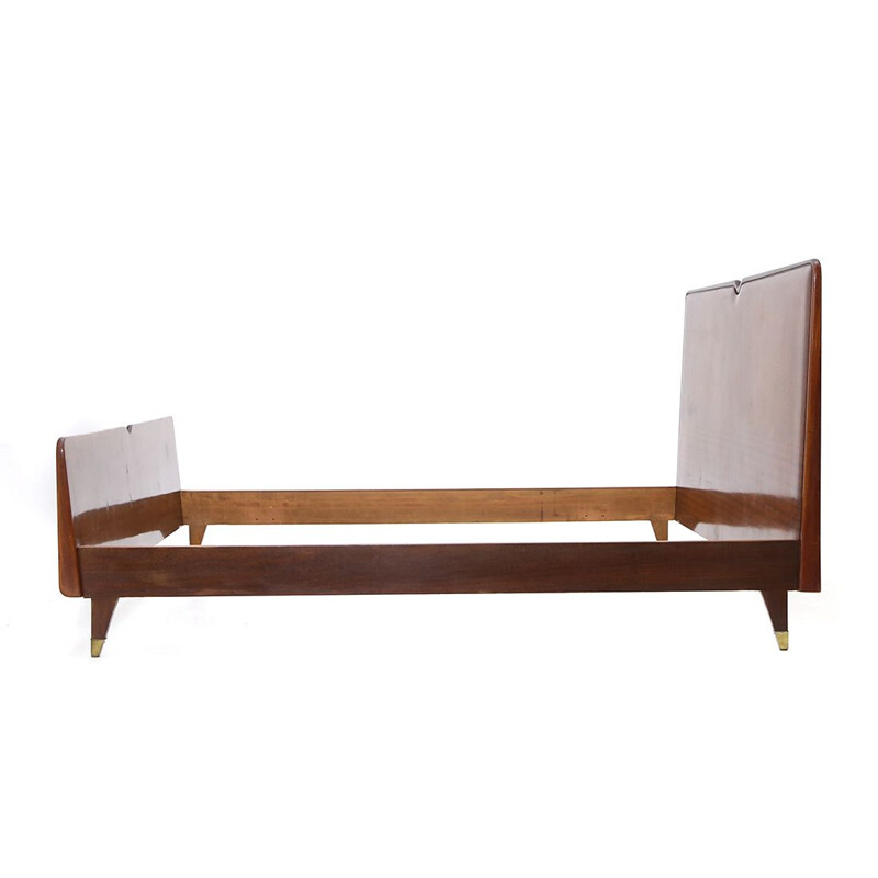 Wooden vintage bed frame with brass tips, 1950s