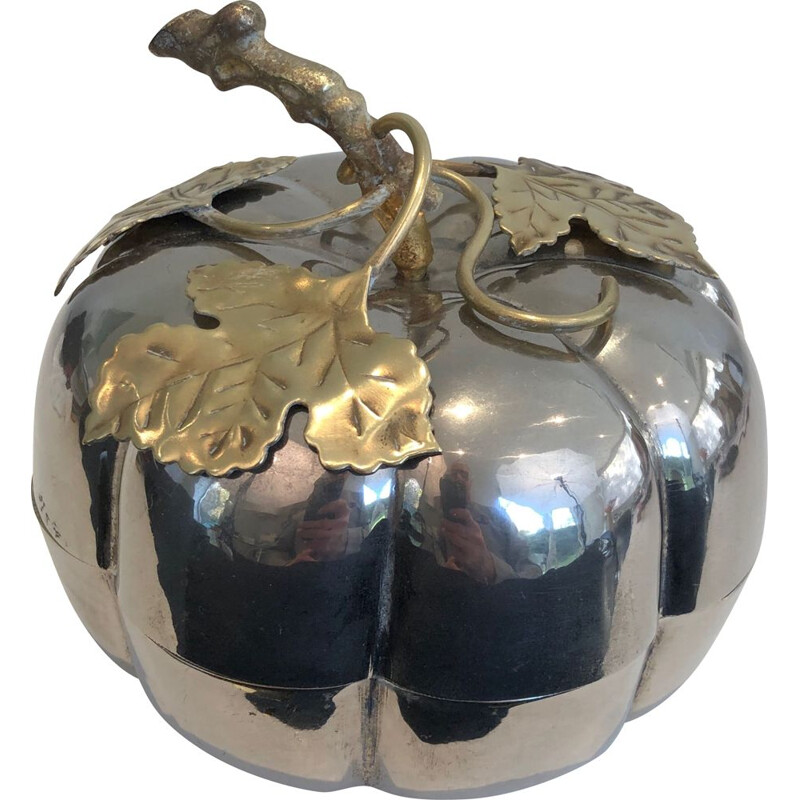 Vintage pumpkin ice bucket in silver plated metal and brass, France 1970