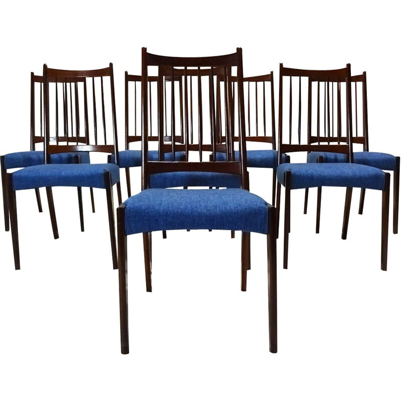 Conjunto de 8 sillas danesas vintage de teca y tela de Arne Hovmand Olsen para Mogens Kold