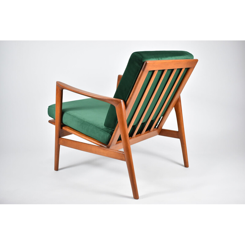 Fauteuil scandinave vintage en velours vert bouteille et teck, 1960