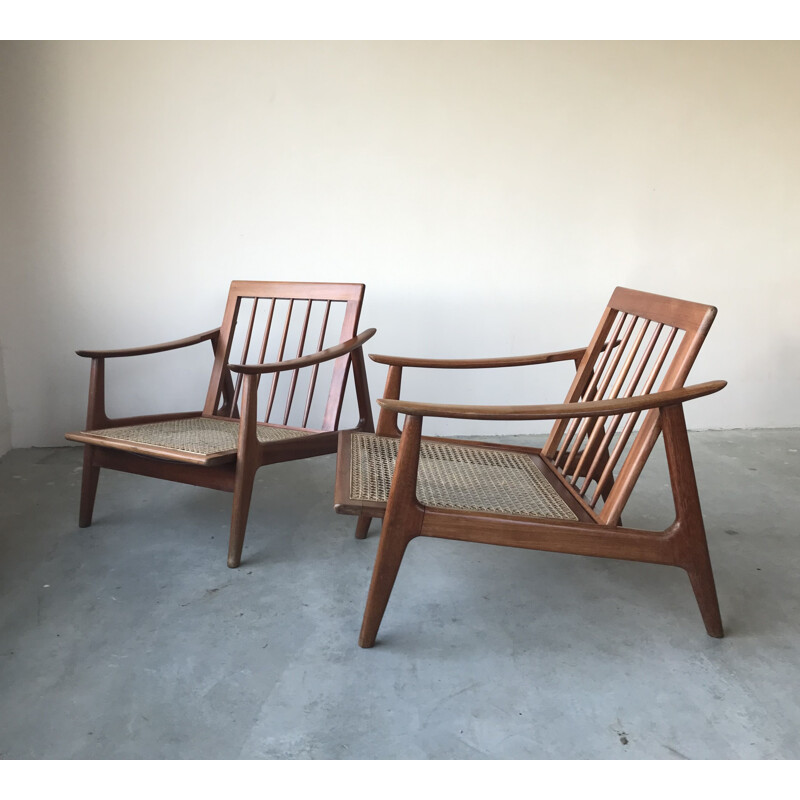 Pair of Scandinavian vintage teak and cane armchairs, 1960