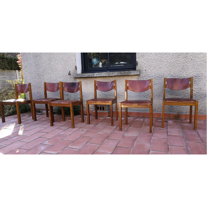 Set di 6 sedie vintage in olmo e pelle di Maison Regain, 1960