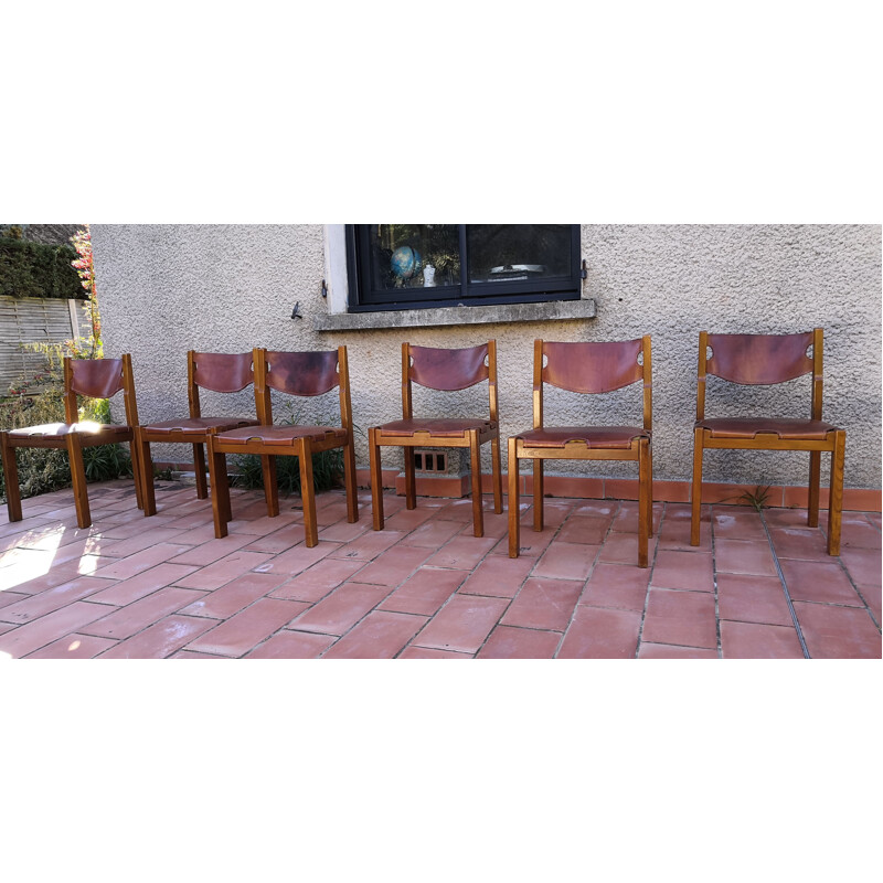 Set of 6 vintage elmwood and leather chairs by Maison Regain, 1960