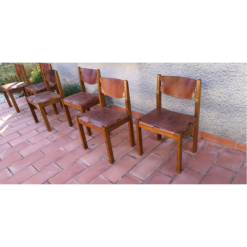 Lot de 6 chaises vintage en orme et cuir de la Maison Regain, 1960