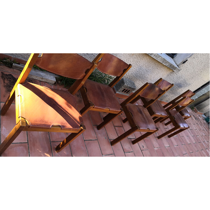 Conjunto de 6 cadeiras de olmo e couro vintage da Maison Regain, 1960
