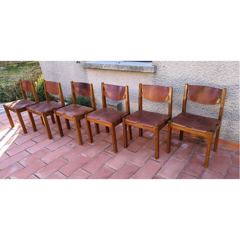 Set of 6 vintage elmwood and leather chairs by Maison Regain, 1960