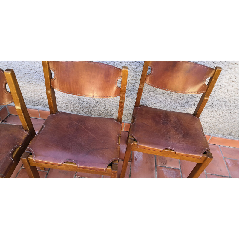 Set of 6 vintage elmwood and leather chairs by Maison Regain, 1960