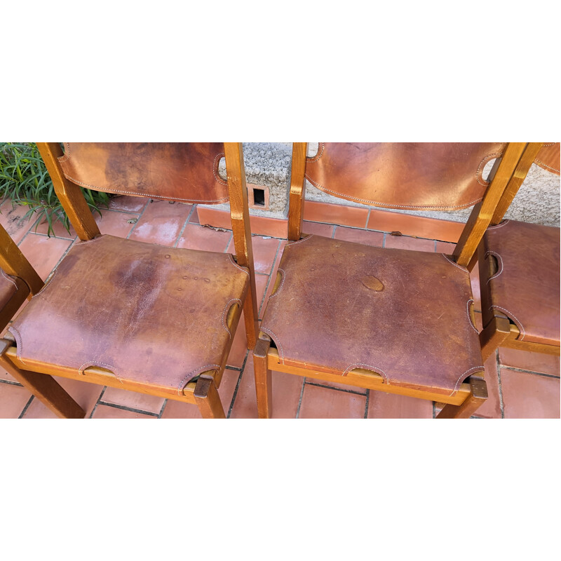 Set van 6 vintage iepenhouten en lederen stoelen van Maison Regain, 1960
