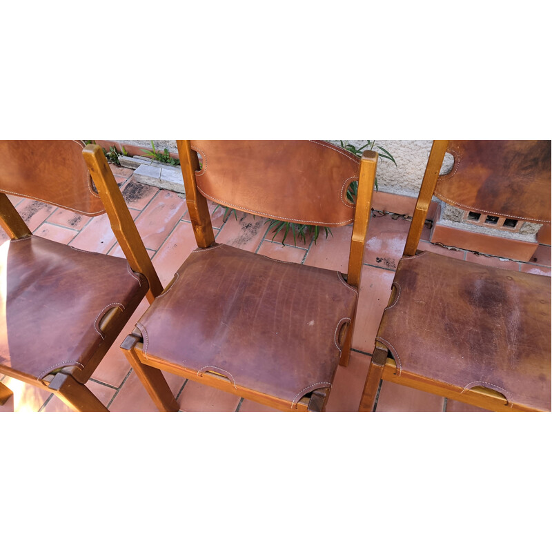 Conjunto de 6 cadeiras de olmo e couro vintage da Maison Regain, 1960