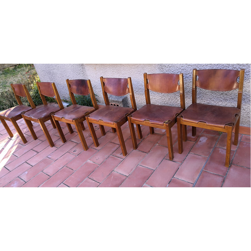 Set of 6 vintage elmwood and leather chairs by Maison Regain, 1960