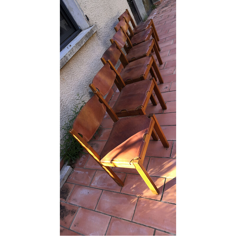 Lot de 6 chaises vintage en orme et cuir de la Maison Regain, 1960