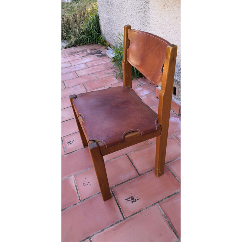 Set of 6 vintage elmwood and leather chairs by Maison Regain, 1960