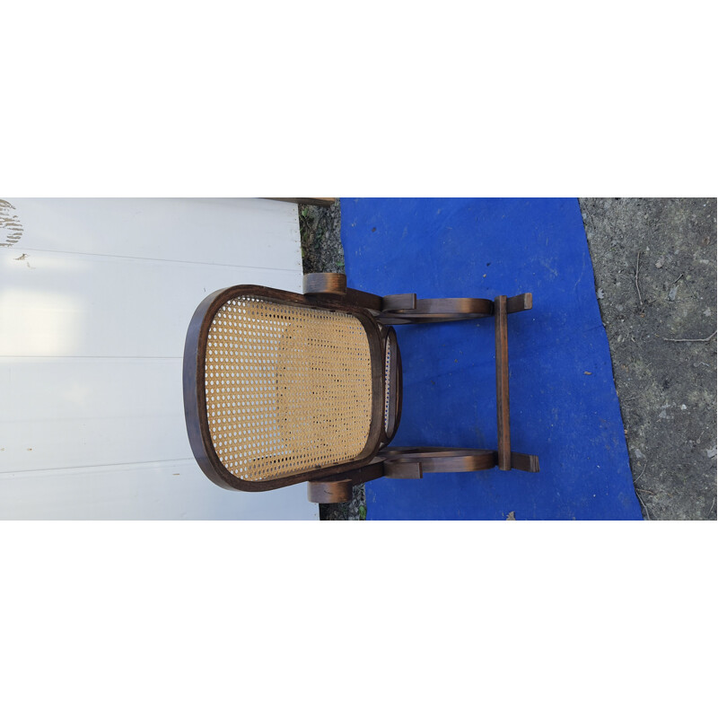 Chaise à bascule vintage en bois courbe et cannage