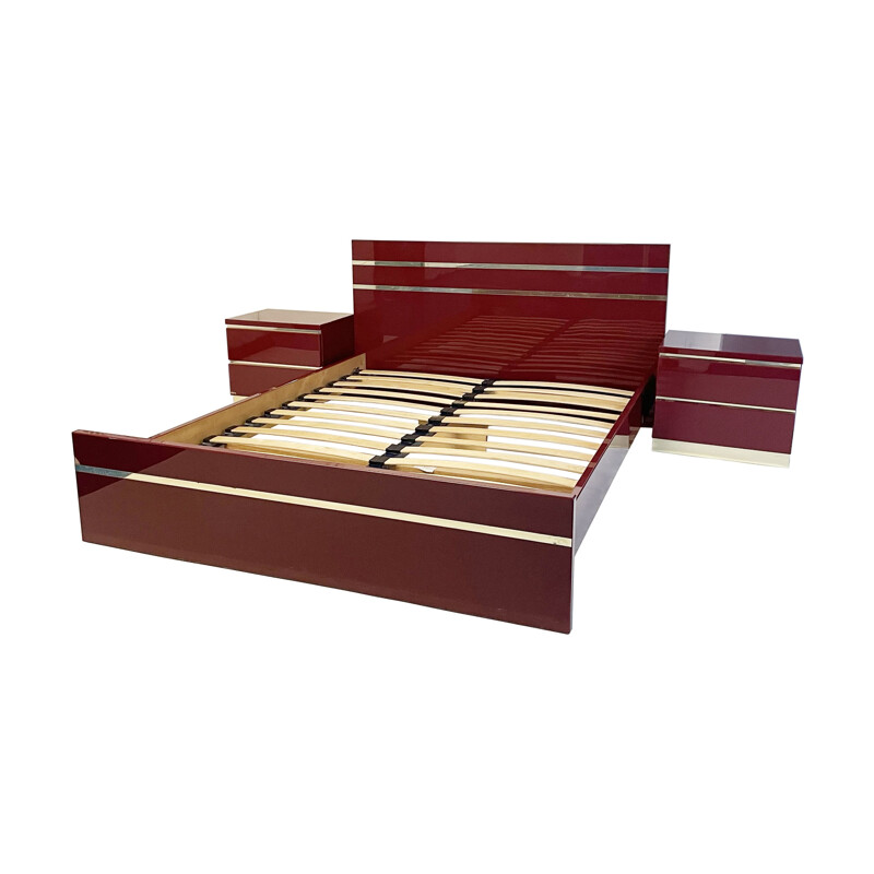 Vintage Hollywood Regency Burgundy double bed with pair of night stands by Eric Maville, 1970s