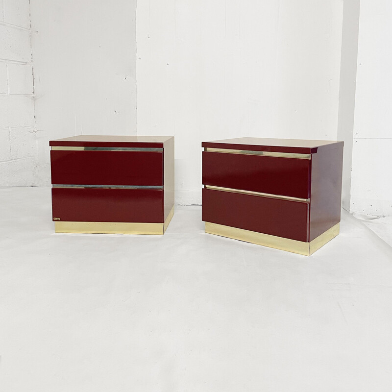 Vintage Hollywood Regency Burgundy double bed with pair of night stands by Eric Maville, 1970s