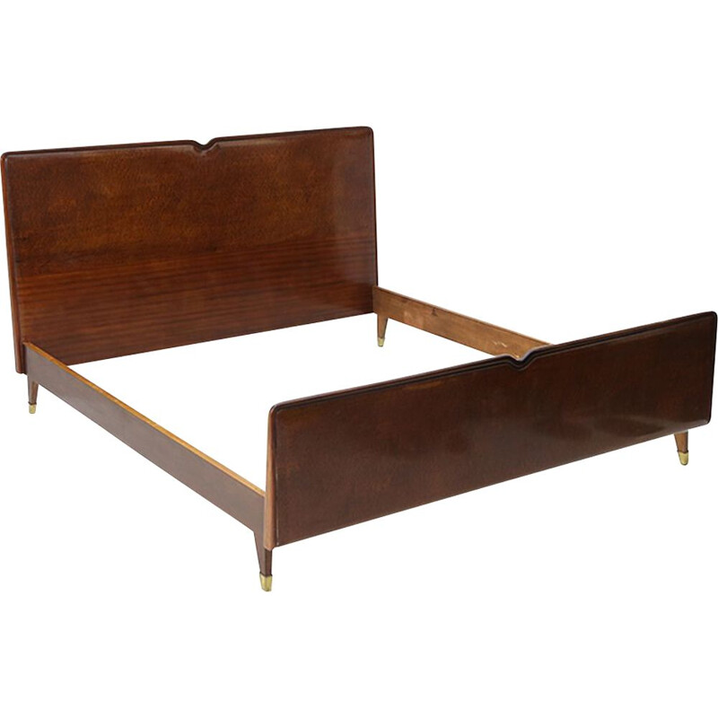 Wooden vintage bed frame with brass tips, 1950s