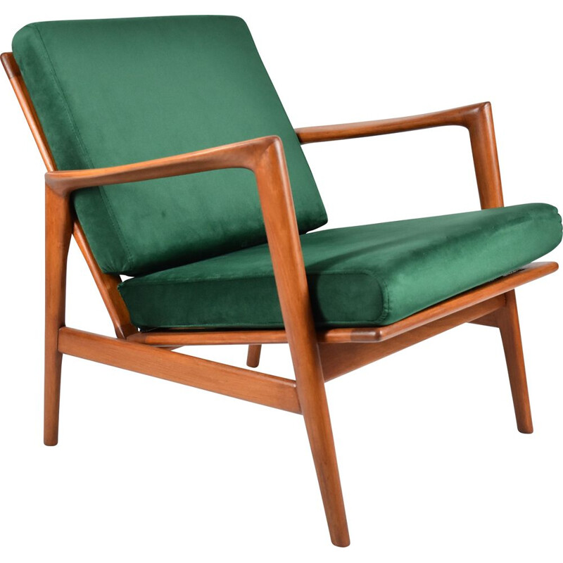 Fauteuil scandinave vintage en velours vert bouteille et teck, 1960