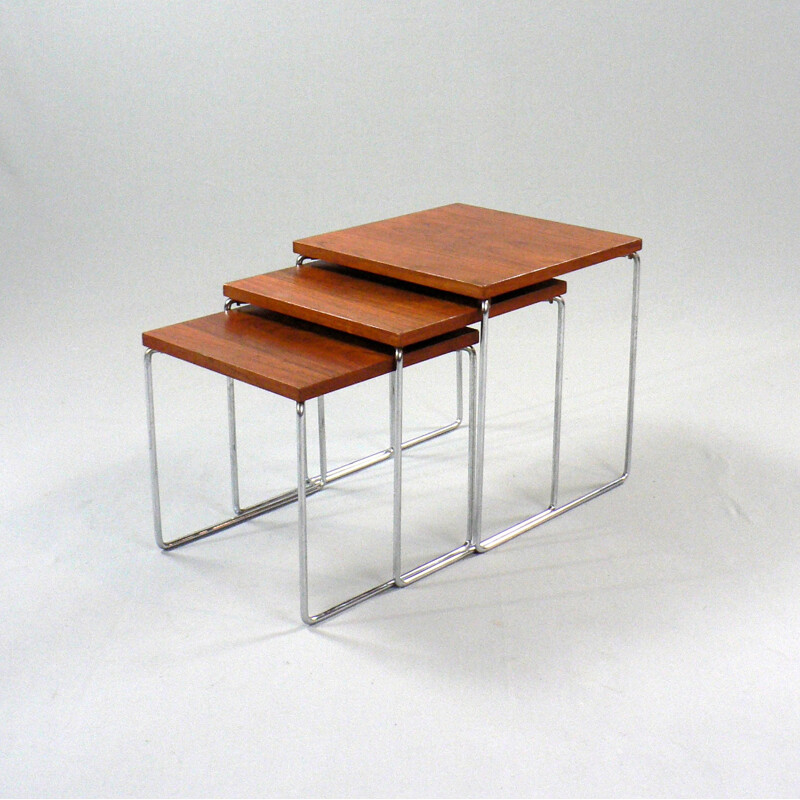 Set of 3 nesting tables in wood and metal - 1970s