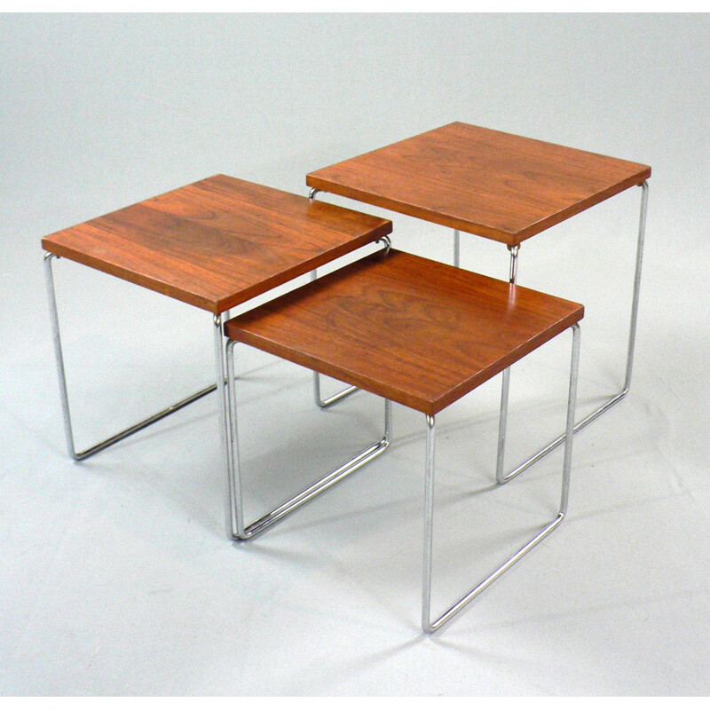 Set of 3 nesting tables in wood and metal - 1970s