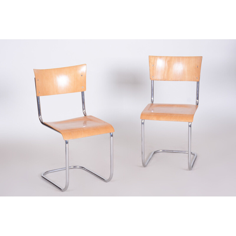Set of 4 vintage chrome and beechwood chairs by Mart Stam, 1930