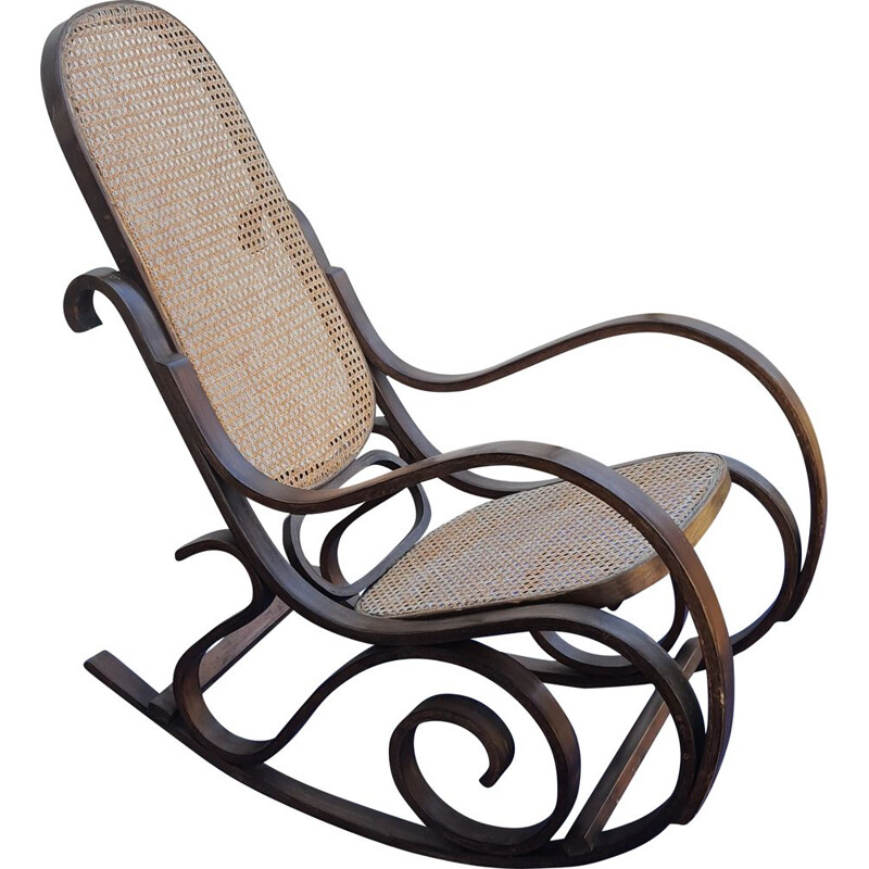 Chaise à bascule vintage en bois courbe et cannage