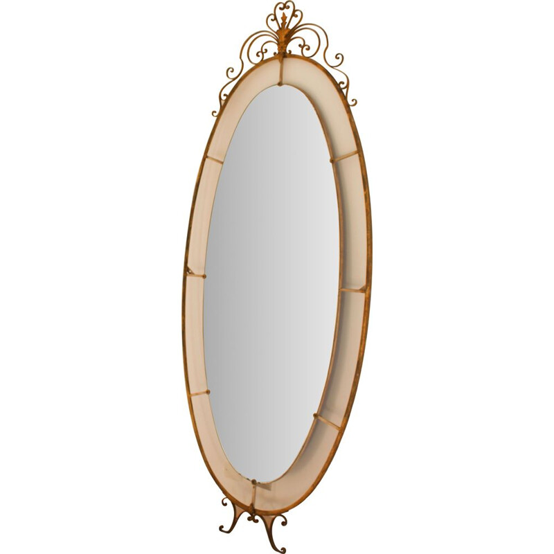 Vintage art deco brass oval mirror, Italy 1940