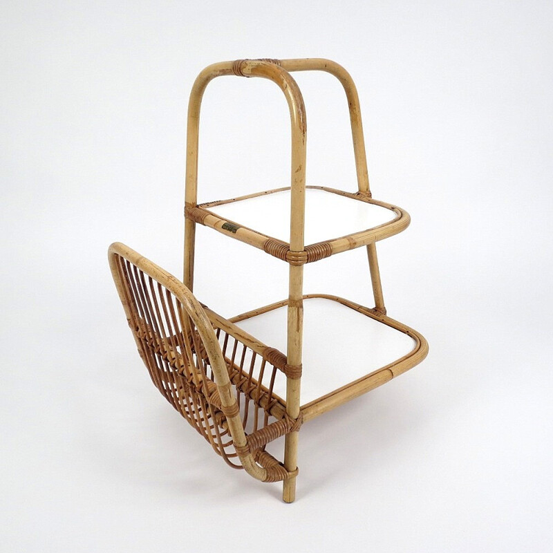 Side table with magazine rack in rattan - 1960s