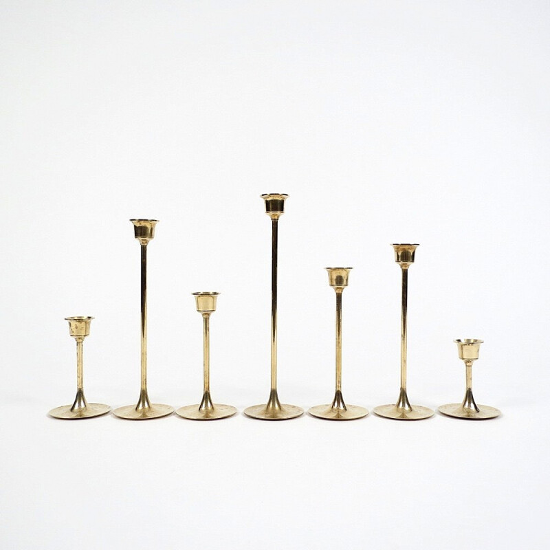 Set of 7 Scandinavian brass candle holders - 1960s