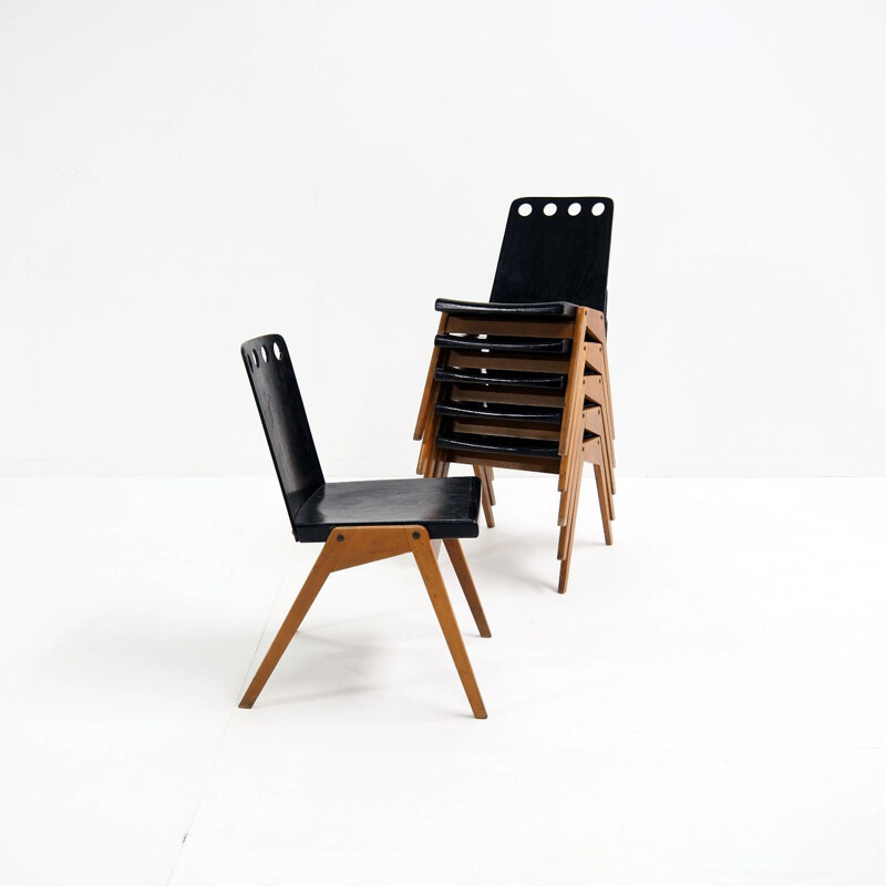 Set of 6 vintage black painted pine veneer stacking chairs for Robin Day, 1960s