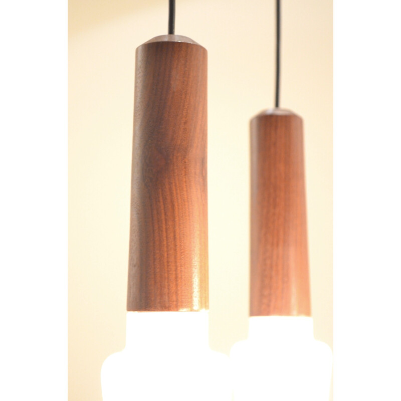 Italian hanging lamp in teak and opaline - 1950s