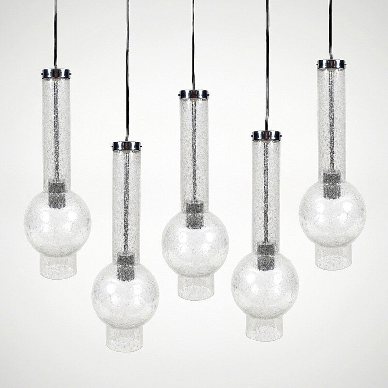 Set of 5 German Staff Leuchten hanging lamps in chromed metal and glass - 1970s