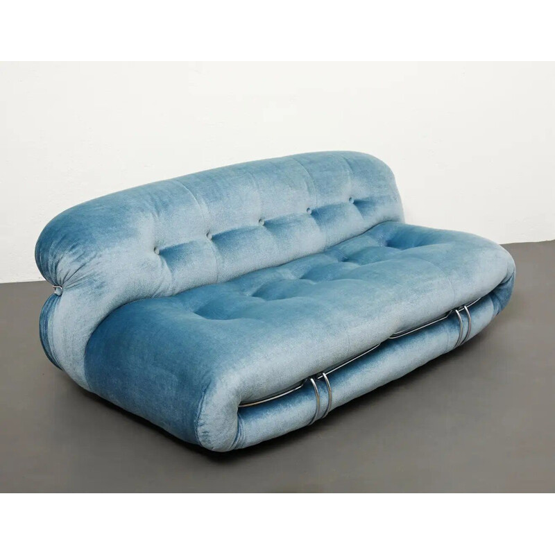 Vintage "Soriana" 3 seater blue velvet sofa by Afra & Tobia Scarpa for Cassina, 1970